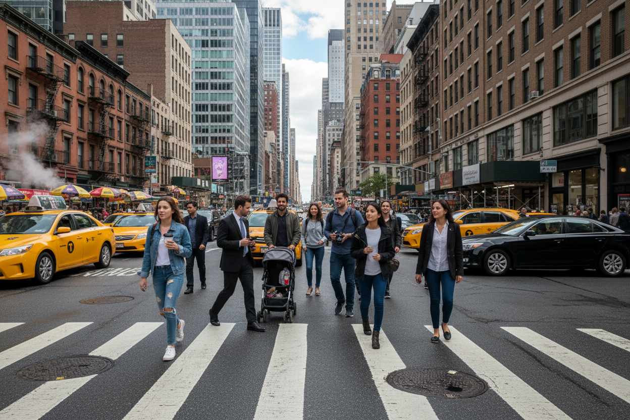 maak en afbeelding van een een zebra pad met mensen die er overheen lopen in newyork